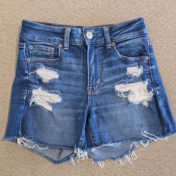 American Eagle Hi Rise Shortie Next Level Stretch Distressed Jean Shorts-Size 4 - Picture 1 of 15